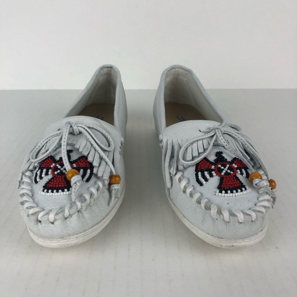 Vintage Comfort View Leather Moccasin Loafers with Red & Black Beading